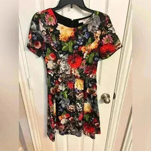Forever 21 Floral Black Red Short Rose A-line Dress - Size S